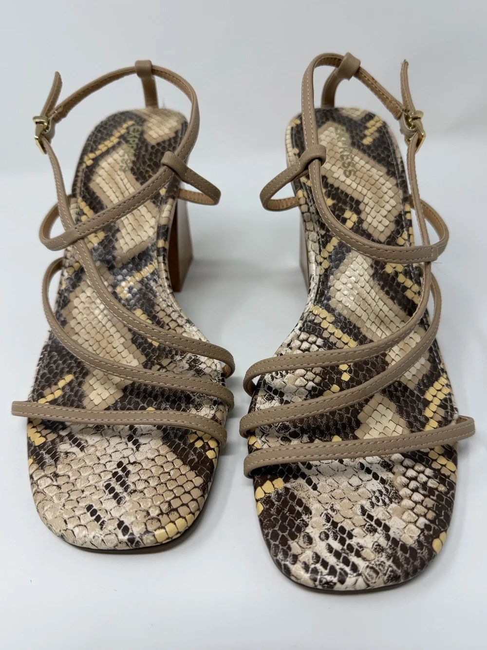 Women's Express Taupe Snakeskin Print Strappy Block Heel Sandals
